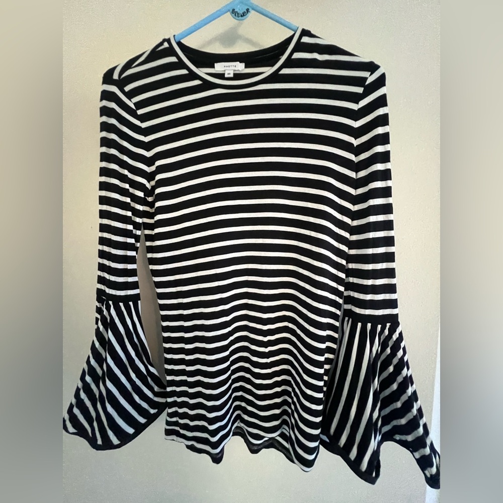 Maette Long Sleeve Black and White Striped Top with Bell Cuffs. Size XS